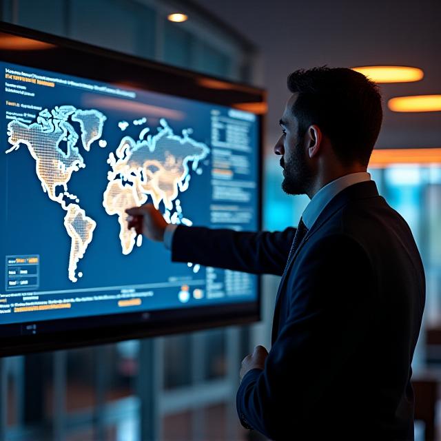 Consultant reviewing global logistics map
