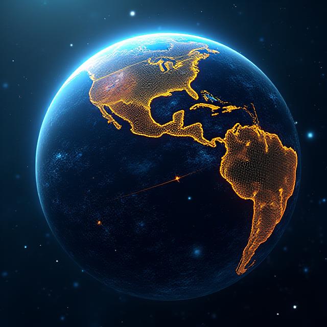 Futuristic digital map showing glowing trade routes across a dark globe