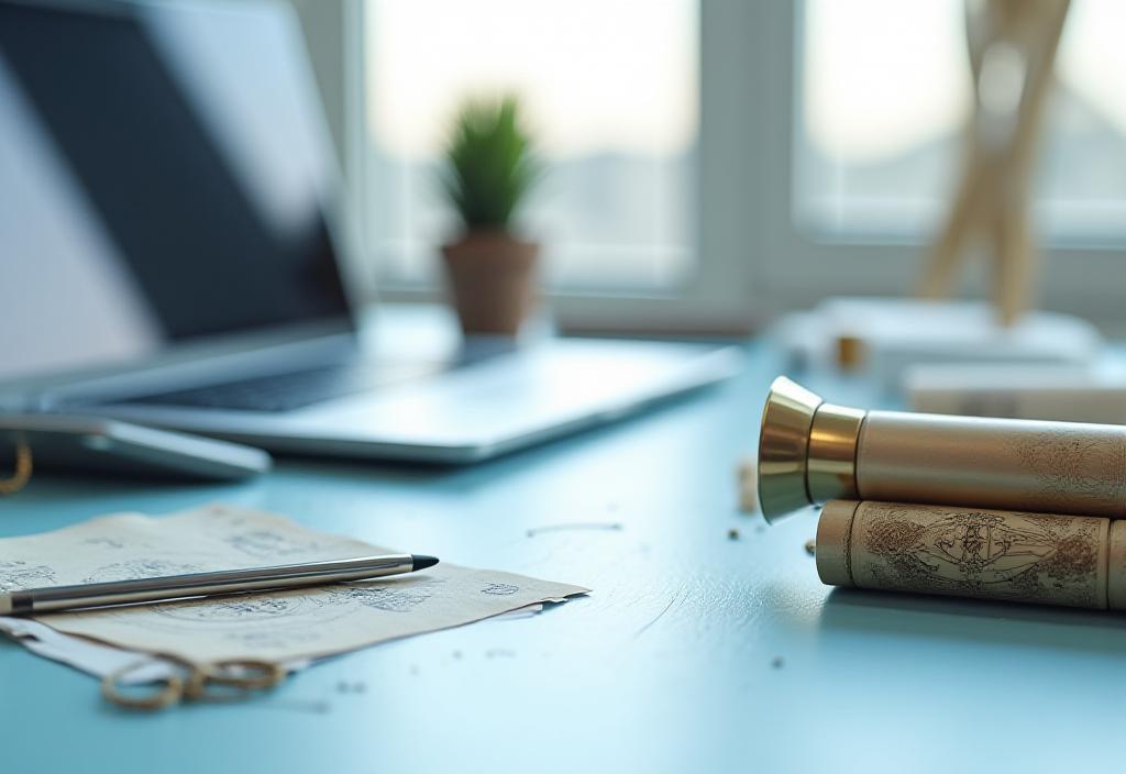 Nautical charts and digital compass on a clean desk